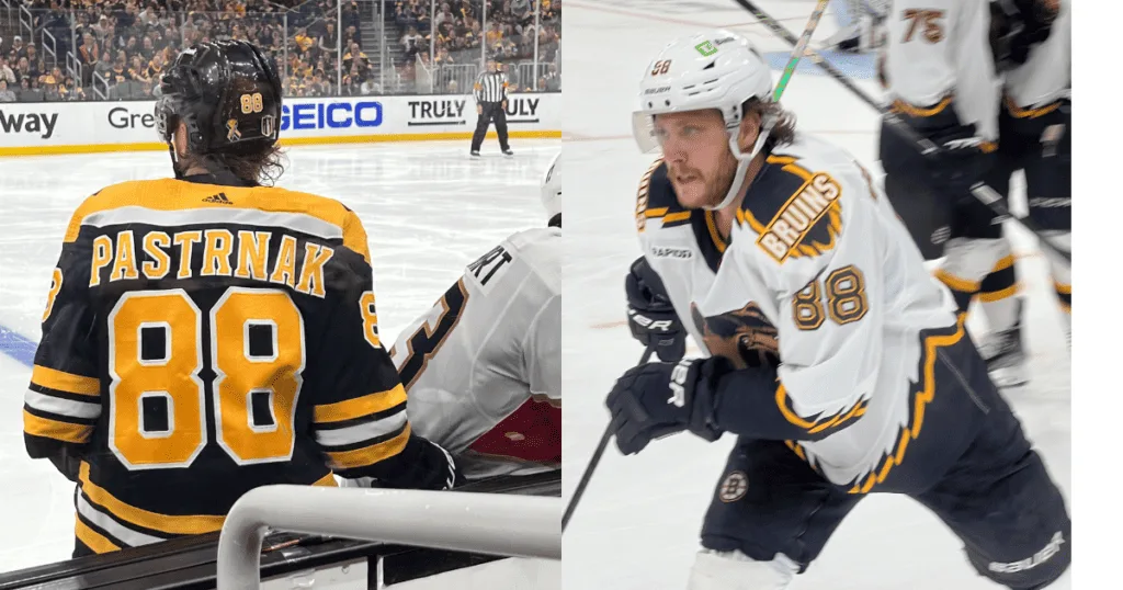 A picture of a Boston Bruins hockey player and a historic list of legendary players.