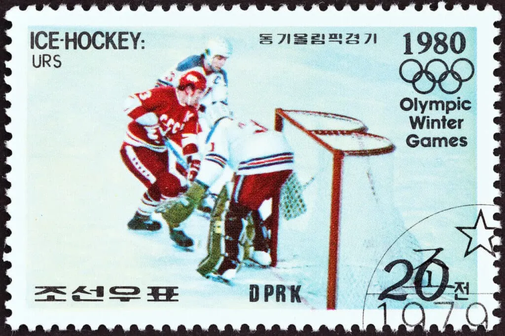 A postage stamp printed in South Korea commemorates The Miracle on Ice: The 1980 USA Hockey Team.