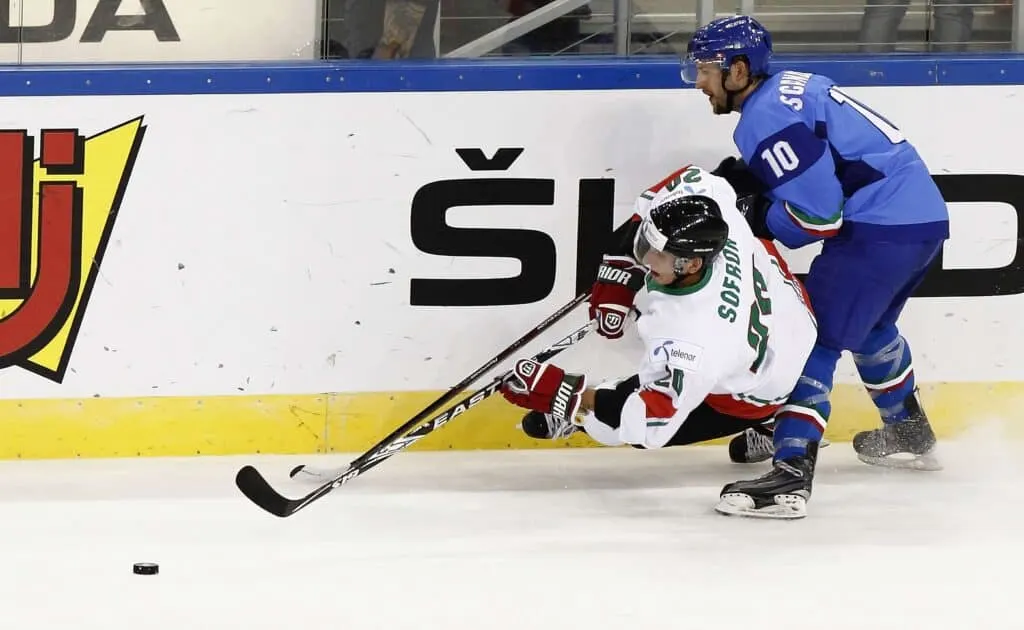 Two hockey players are engaged in a penalty-worthy altercation for the puck on the ice.